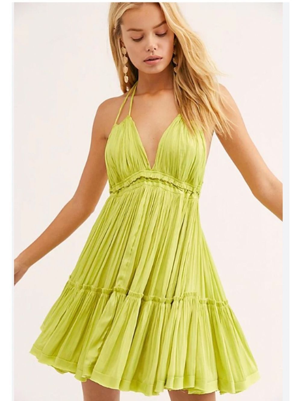 NWT FREE PEOPLE 100 Degree Lime Green Halter V-Neck Summer Dress Size Medium